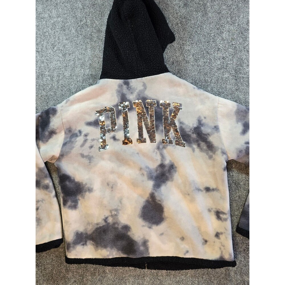 Victoria's Secret PINK Reversible Sherpa Jacket XS Tie Dye Sequin Logo Fleece